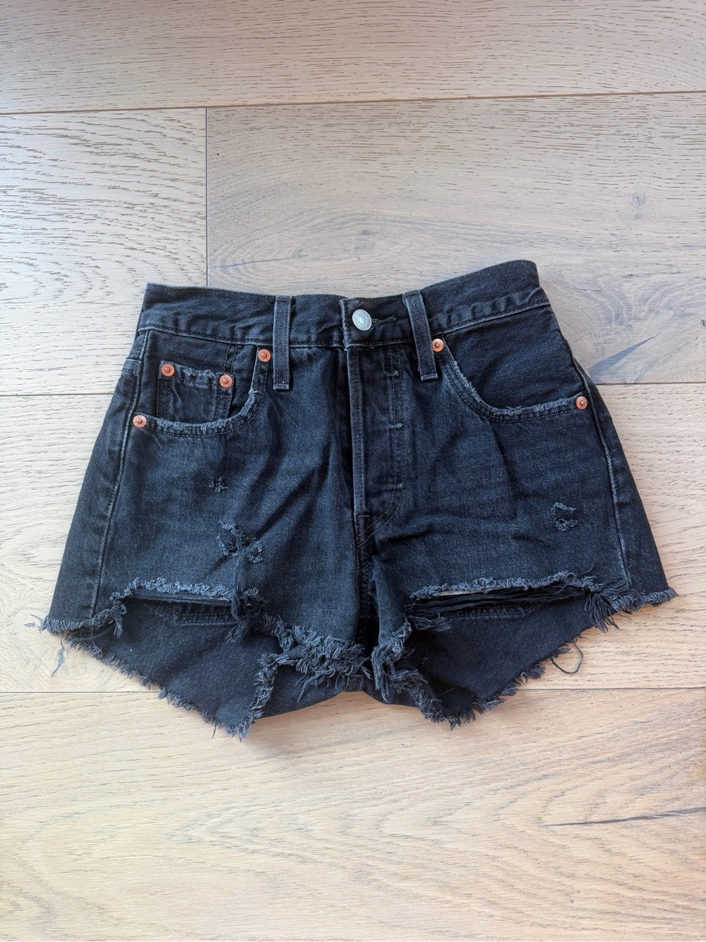 Levi's 501 Black Distressed Frayed Hem Jean Shorts